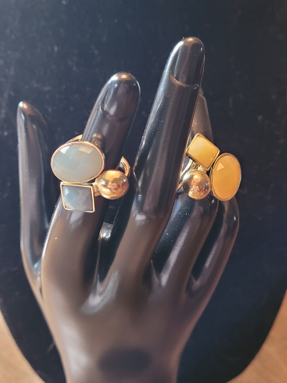 Pair of Gold-Tone Hinged Statement Rings Blue Yellow Faceted Stones
